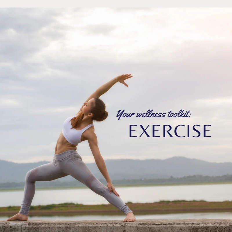 A woman is standing on a wall stretching over her head in a yoga pose with a lake and mountains in the background. Text overlay reads: "Your wellness toolkit: EXERCISE".